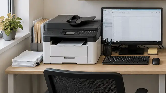 Animated demonstration comparing a traditional printer setup with compact INKELVA