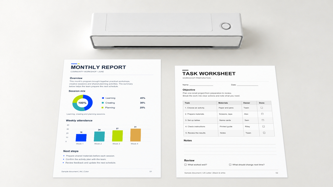 Full-color monthly report and worksheet printed by INKELVA