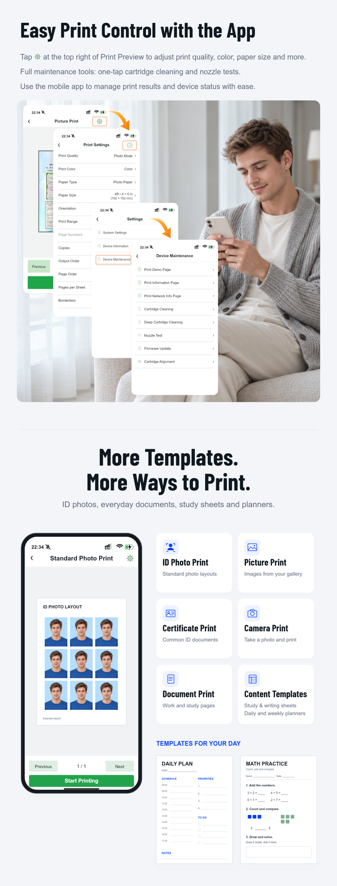 INKELVA app interface showing document printing, ID photo layouts and everyday templates
